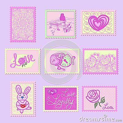 Cute stamps in shades of gray with the image of hearts, roses, clasps, inscriptions love and patterns Vector Illustration